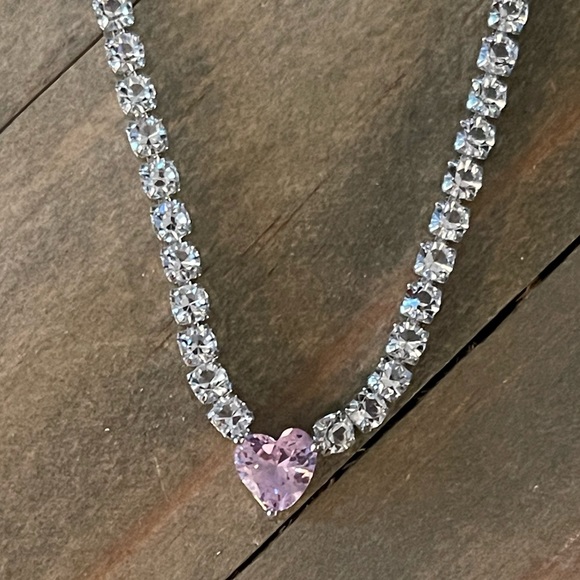 Pink Heart Gemstone, Simulated Cz Rhinestone Tennis, Bridal, Glamorous Necklace - Picture 13 of 15